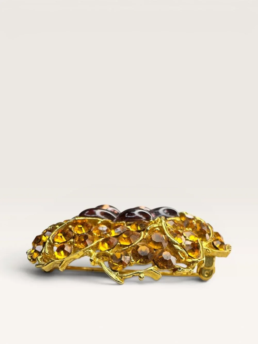 1960s Amber Crystal Lavender Lucite Flower Brooch Gold Tone Openwork Vintage